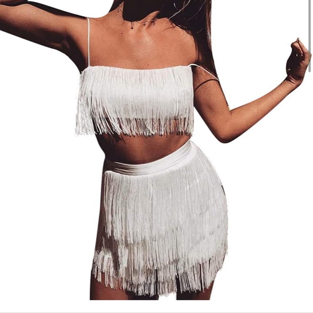 2 piece bachelorette white tassel fringe Mini Dress